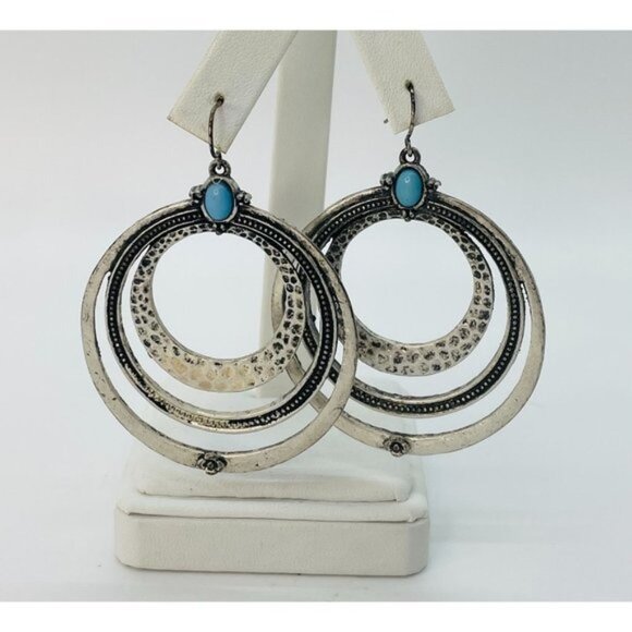 Bohemian Triple Hoop Earrings With Turquoise Accents Hippie Festival - Picture 1 of 4